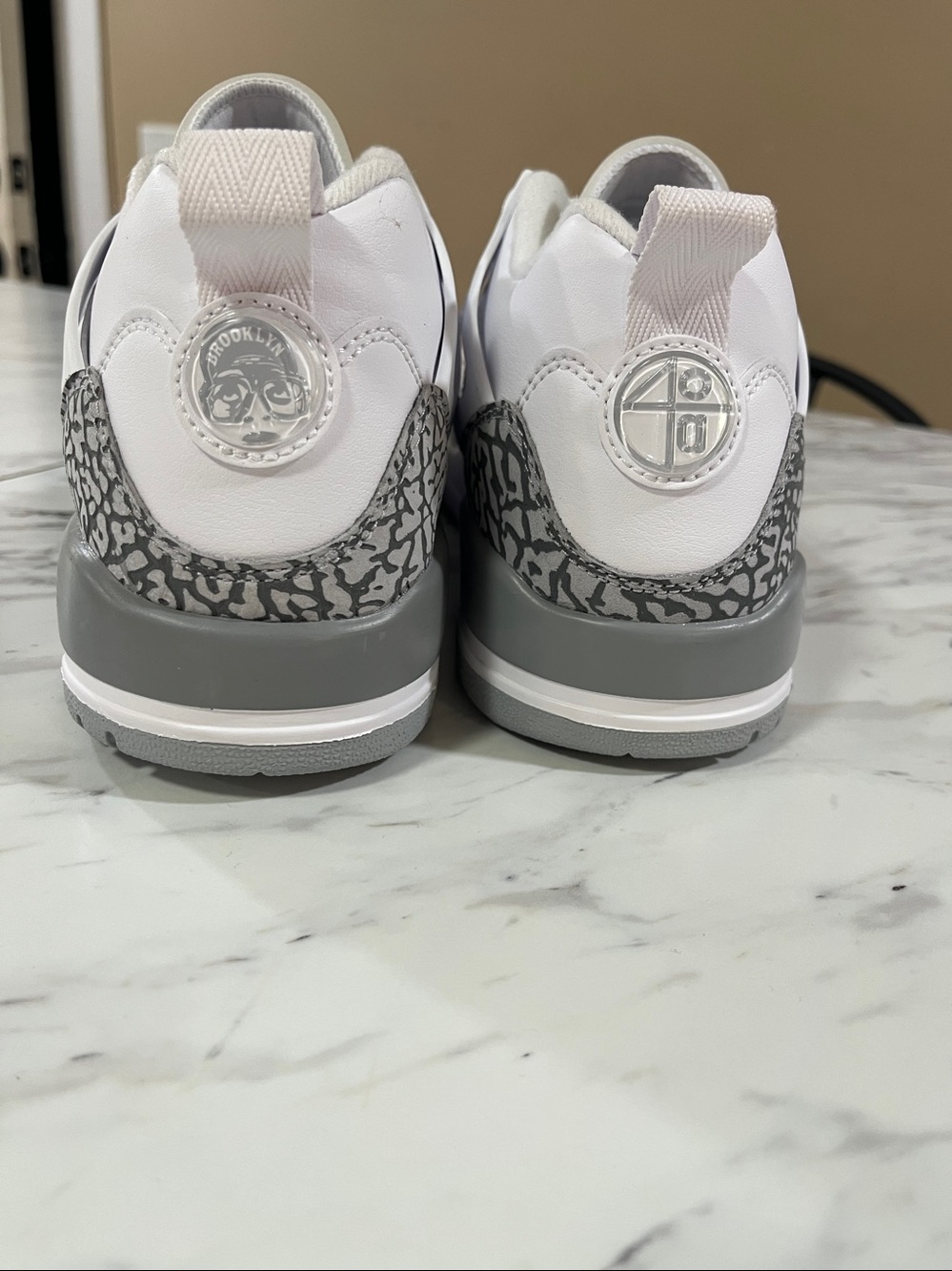 Jordan White Leather Sneakers with Gray Elephant Print and Red Jumpman - Picture 3 of 6
